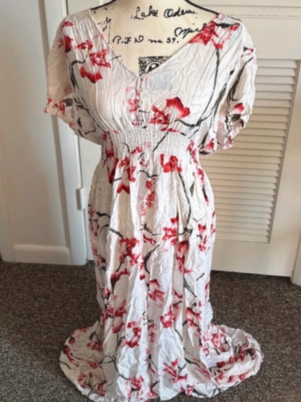 White Maxi Dress with Red Floral Print and Smocked Waist
